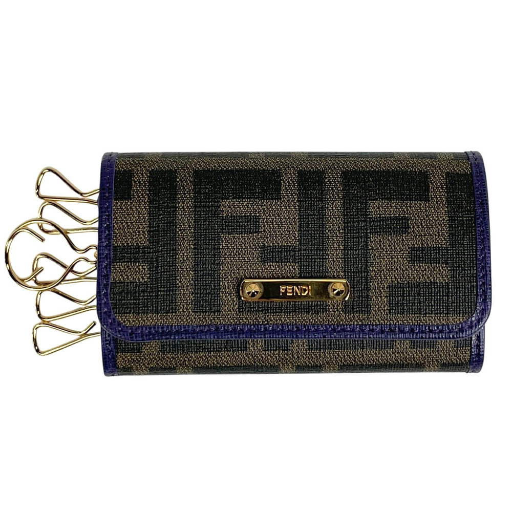 Fendi Zucca Key Case Wallet hook canvas leather brown purple